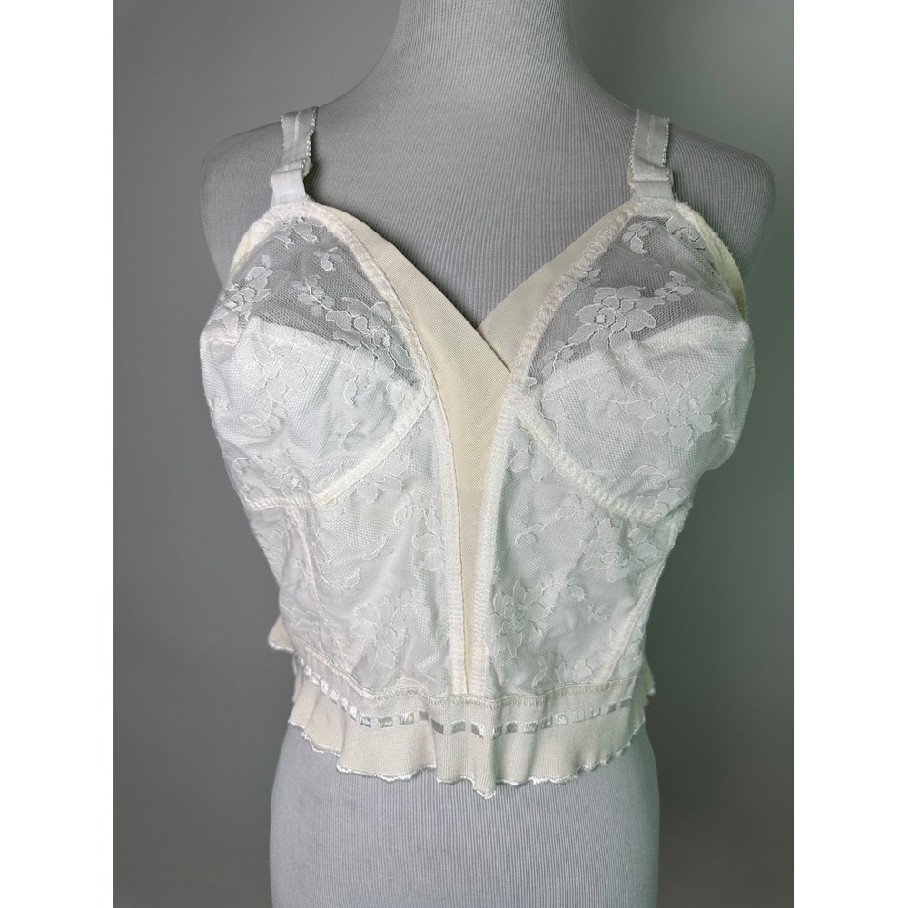 Vintage 1960s Lace Longline Bra Girdle White Floral Bullet Bra 42B Style 1586